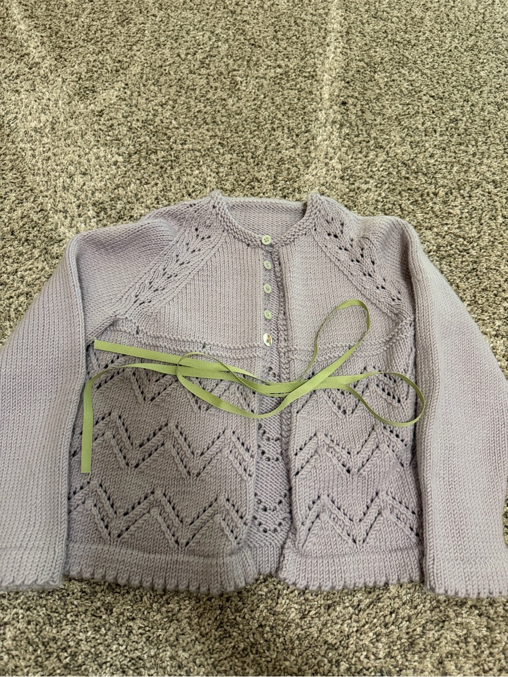 Hand Made Lilac Knit Lace-Panel Cardigan with Removable Ribbon
